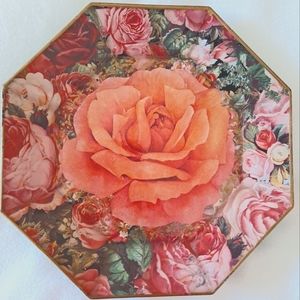 Vintage Rose Decoupage Plate Hexagon Pink Green Artist Signed Floral